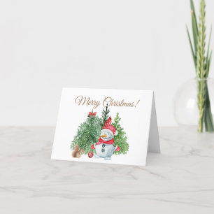Merry Christmas Cute Snowman, Squirrel, Cardinal Holiday Card