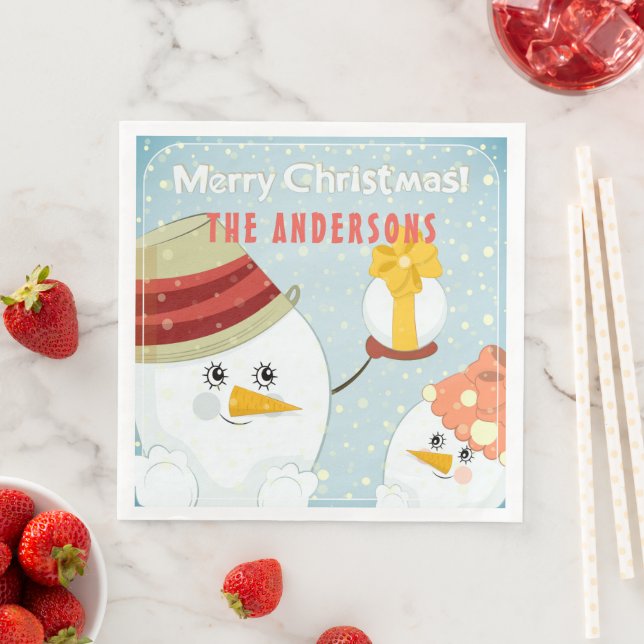 Merry Christmas Cute Snowman Winter Holidays Name  Napkin (Insitu)