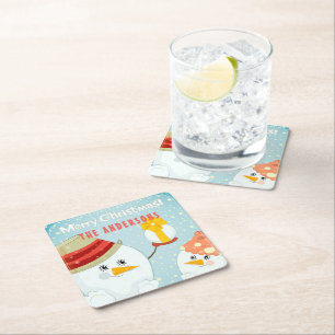 Merry Christmas Cute Snowman Winter Holidays Name Square Paper Coaster