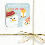 Merry Christmas Cute Snowman Winter Holidays Name Square Sticker<br><div class="desc">Retro Merry Christmas Cute Snowman Winter Holidays Name Sticker features cute snowmen with the text "Merry Christmas (name)" in modern script. Personalise by editing the text in the text box provided. Designed by ©Evco Studio www.zazzle.com/store/evcostudio</div>