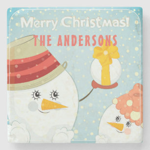 Merry Christmas Cute Snowman Winter Holidays Name Stone Coaster