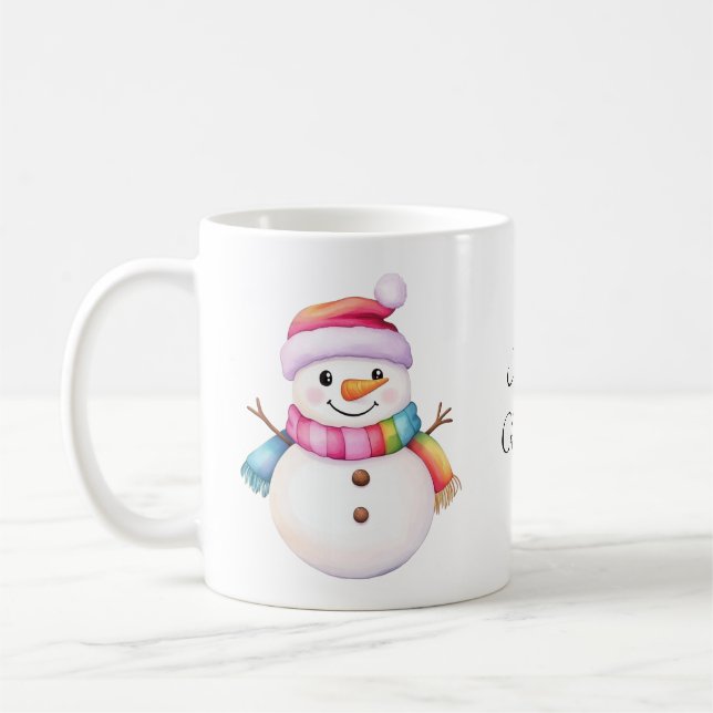 Merry Christmas Cute Snowmen Rainbow Colours Coffee Mug (Left)