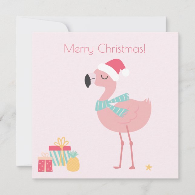 Merry Christmas! Cute Tropical Santa Flamingo Holiday Card (Front)
