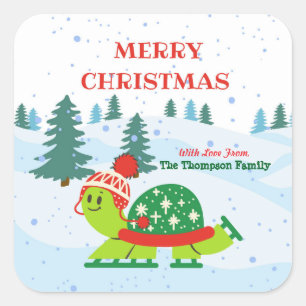 Merry Christmas Cute Turtle Ice Skating in Winter  Square Sticker