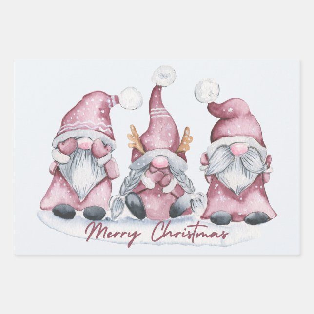 Merry Christmas Cute Watercolor Holiday Gnomes  Wrapping Paper Sheet (Front)