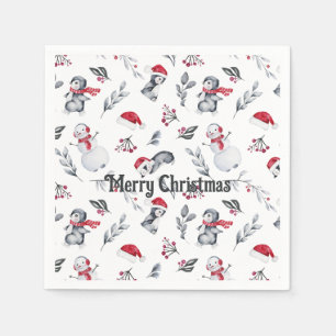 Merry Christmas Cute Watercolor Penguin Snowman  Napkin