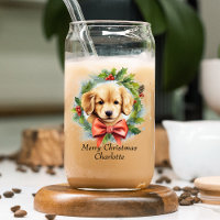 Merry Christmas Cute Watercolor Puppy Dog Name