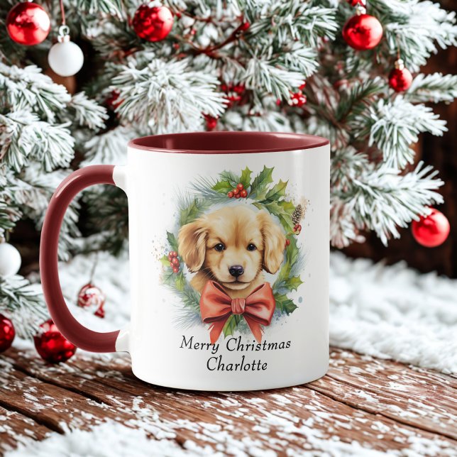Merry Christmas Cute Watercolor Puppy Dog Name Mug (Creator Uploaded)