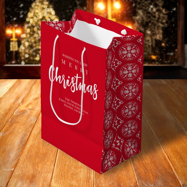 Merry Christmas Cute Whimsical Red Snowflake  Medium Gift Bag (Merry Christmas snowflake pattern holiday gift bag
)