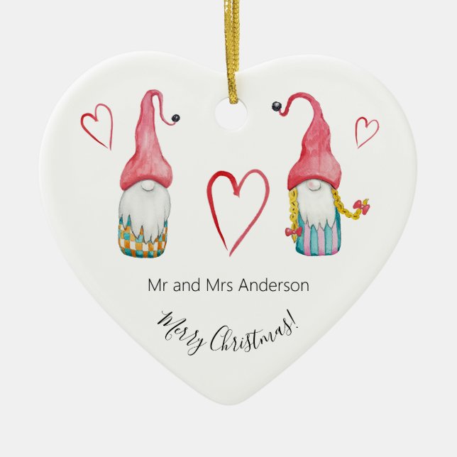 Merry Christmas Cute Winter Gnomes In Love Ceramic Tree Decoration (Front)