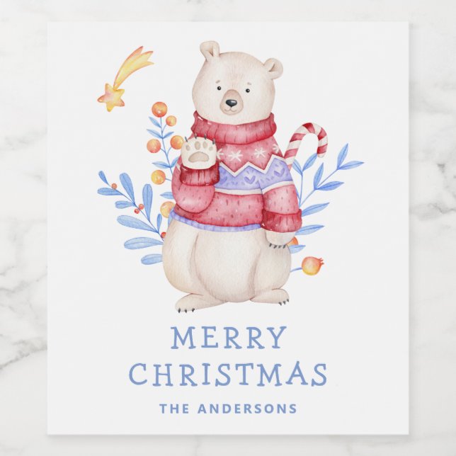 Merry Christmas. Cute winter holiday woodland bear Wine Label (Single Label)