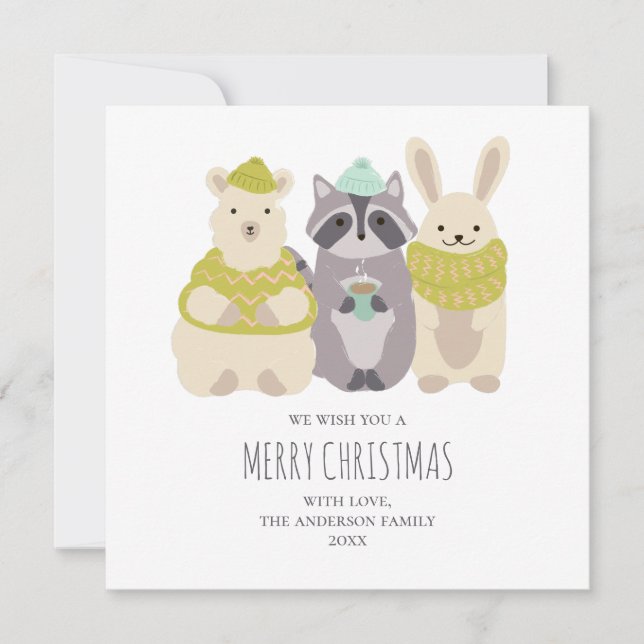 Merry Christmas. Cute winter lama, raccoon, rabbit Holiday Card (Front)