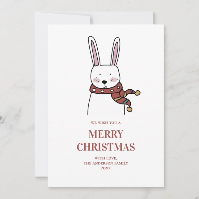 Merry Christmas. Cute winter rabbit. Funny animal Holiday Card (Front)