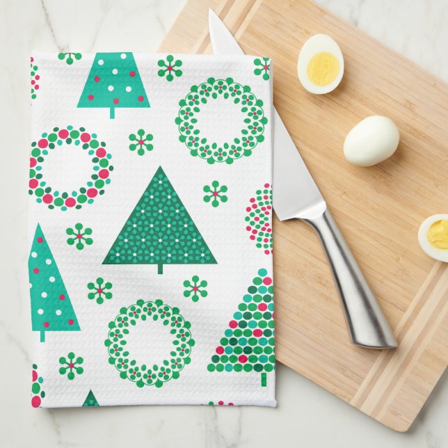 Merry Christmas Cute Wreaths & Trees Tea Towel (Quarter Fold)