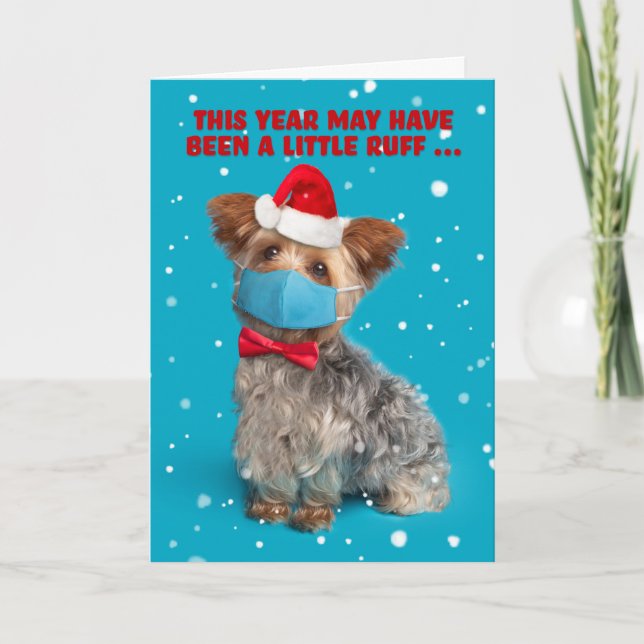 Merry Christmas Cute Yorkie Dog in Face Mask Holiday Card (Front)