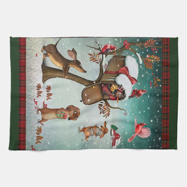 Merry Christmas Dachshund Dog Lovers Gift Tea Towel (Horizontal)
