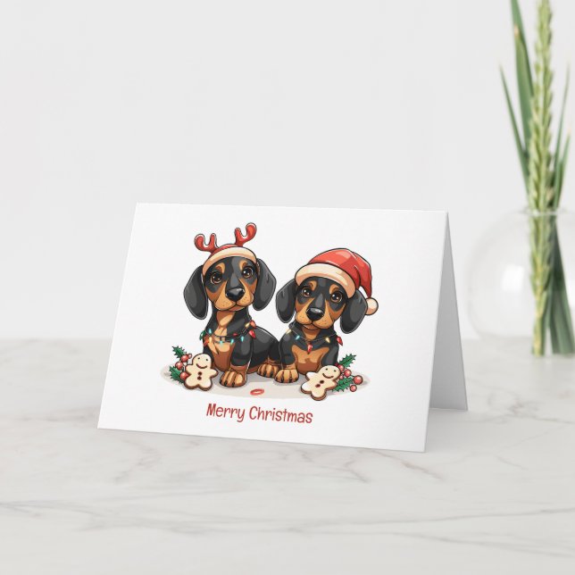 Merry Christmas Dachshund Dogs Holiday Card (Front)