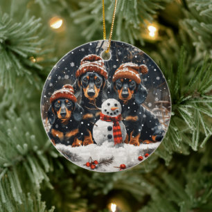 Merry Christmas Dachshund Dogs Snowman Ceramic Tree Decoration
