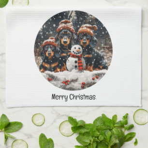 Merry Christmas Dachshund Dogs Snowman Tea Towel