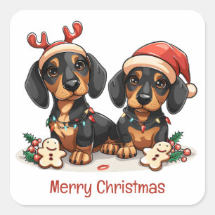 Merry Christmas Dachshund Dogs Square Sticker