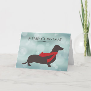 Merry Christmas, Dachshund in Red Scarf, Bokeh Holiday Card