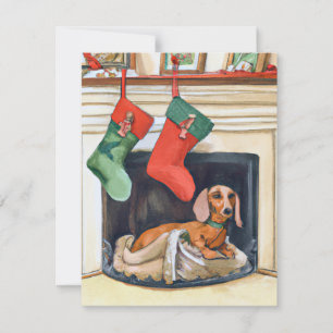 Merry Christmas Dachshund Santa Fireplace Card