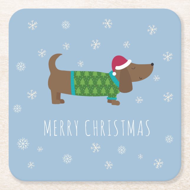 Merry Christmas Dachshund  Square Paper Coaster (Front)