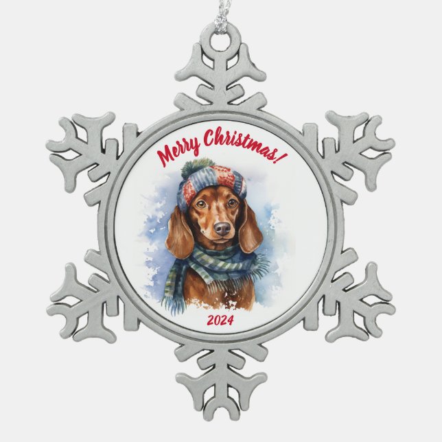 Merry Christmas Dachshund: Watercolor Snowflake Pewter Christmas Ornament (Front)