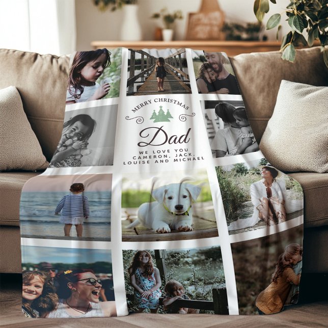 Merry Christmas Dad Modern Family Photo Collage Fleece Blanket (Creator Uploaded)