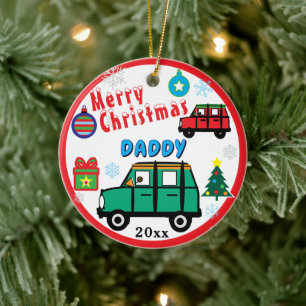 Merry Christmas Daddy Kids PHOTO Green Car Ceramic Tree Decoration