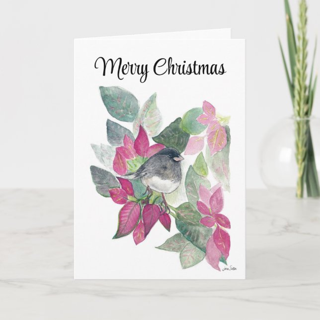 Merry Christmas Dark Eyed Junco Bird Holiday Card (Front)