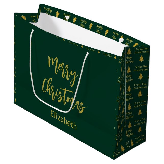 Merry Christmas Dark Green and Gold Names Trees Large Gift Bag (Front Angled)