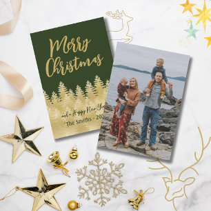 Merry Christmas Dark Green Gold Pine Trees Photo Card