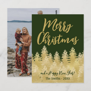 Merry Christmas Dark Green Gold Pine Trees Photo Postcard