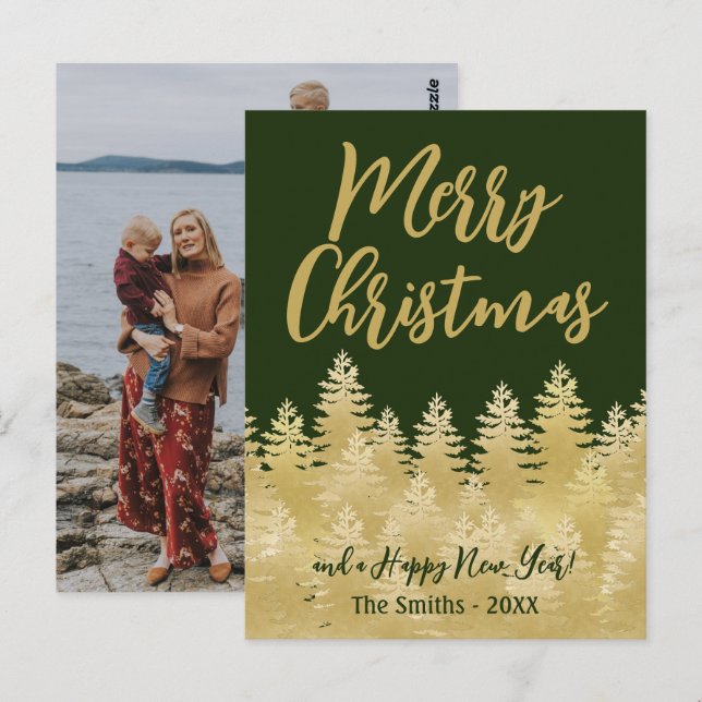 Merry Christmas Dark Green Gold Pine Trees Photo Postcard (Front/Back)