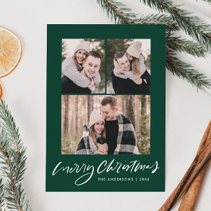 Merry Christmas Dark Green Script 3 Photo Collage Holiday Card