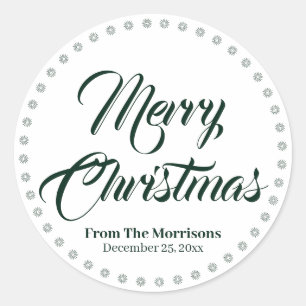Merry Christmas dark green white custom script Classic Round Sticker