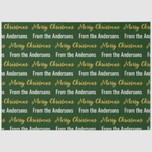 Merry Christmas Dark Green White Gold Script Name Tissue Paper