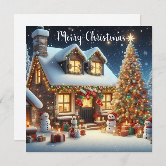 Merry Christmas Decorated Home and Trees Card (Front/Back)
