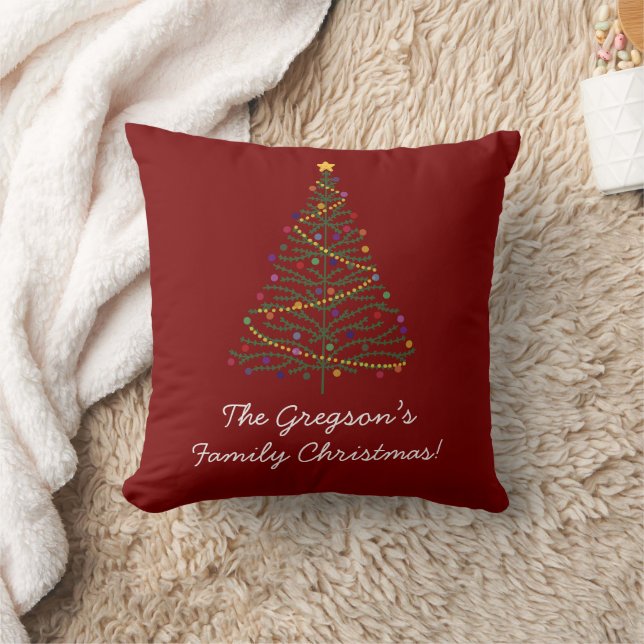 'Merry Christmas' Decorated Tree & Family Name Red Cushion (Blanket)