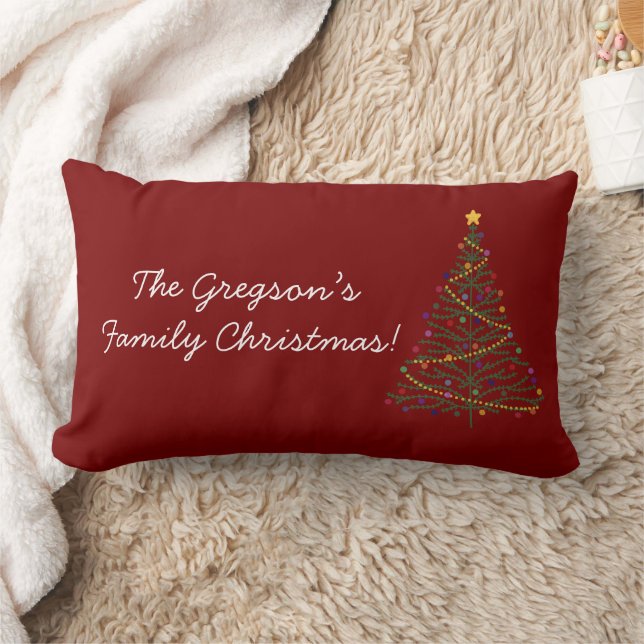 'Merry Christmas' Decorated Tree & Family Name Red Lumbar Cushion (Blanket)