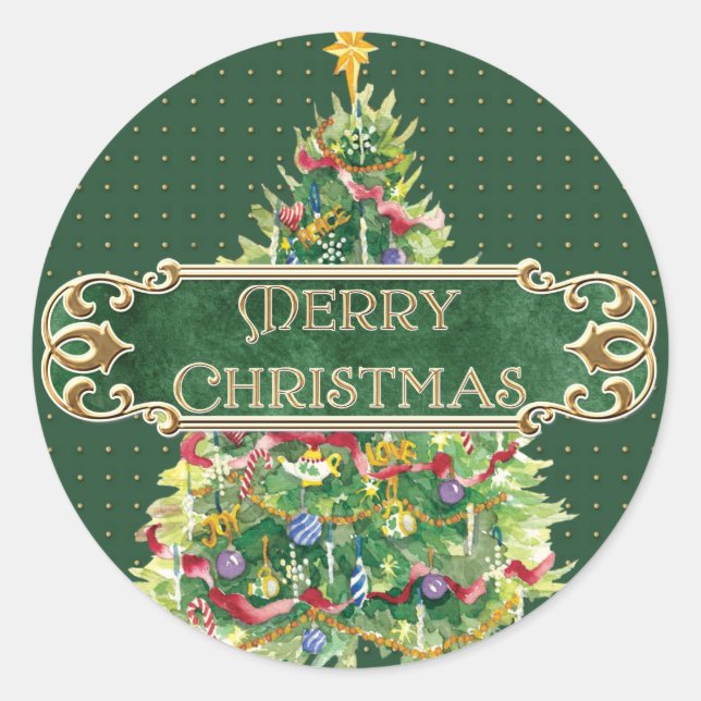 Merry Christmas Decorated Tree Star Gold Swirl Classic Round Sticker (Front)