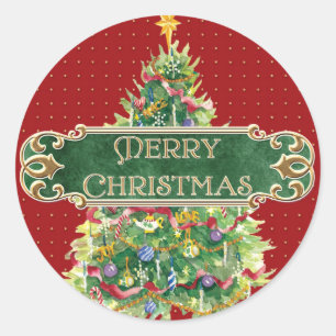 Merry Christmas Decorated Tree Star Gold Swirl Classic Round Sticker