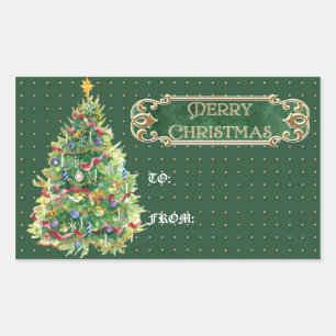 Merry Christmas Decorated Tree Star Gold Swirl Rectangular Sticker