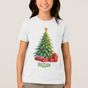 Merry Christmas, decorated tree, Tri-Blend Shirt