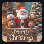 "Merry Christmas Decoration | Cute Santa & Friends Square Sticker<br><div class="desc">"Bring the magic of Christmas to life with this adorable holiday design! Featuring Santa Claus surrounded by his cheerful friends – a smiling snowman, a cute teddy bear, and a playful puppy – all set in a cosy winter wonderland with a decorated Christmas tree and festive lights. This Merry Christmas...</div>