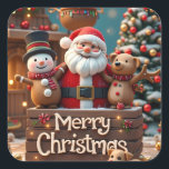 "Merry Christmas Decoration | Cute Santa & Friends Square Sticker<br><div class="desc">"Bring the magic of Christmas to life with this adorable holiday design! Featuring Santa Claus surrounded by his cheerful friends – a smiling snowman, a cute teddy bear, and a playful puppy – all set in a cosy winter wonderland with a decorated Christmas tree and festive lights. This Merry Christmas...</div>