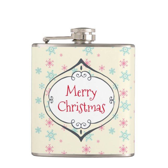 Merry Christmas Decoration Pink & Blue Snowflakes Hip Flask (Front)