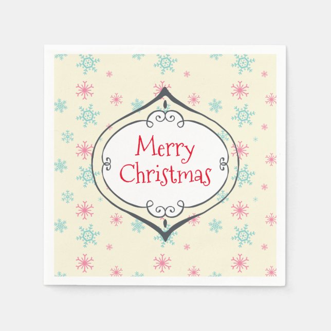 Merry Christmas Decoration Pink & Blue Snowflakes Napkin (Front)