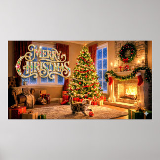 Merry Christmas Decorative Artwork with Kitten #2 Poster